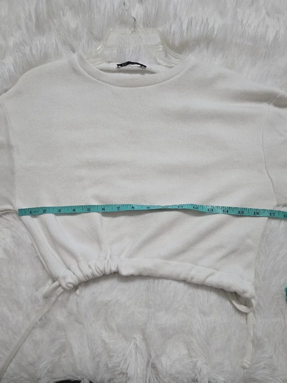 Zara White Cropped Crewneck Sweatshirt with Drawstring
